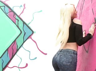 Curvy blonde with long hair in jeans coping up with huge python hardcore