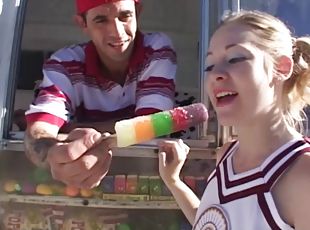 Blonde Cheerleader in uniform moans as she gets banged outdoor