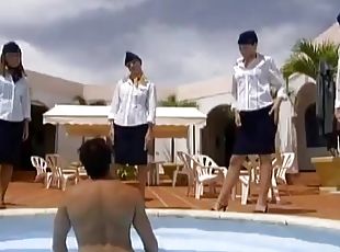 Kinky girls in stewardess uniform have wild sex by the pool