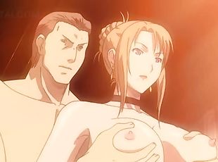 Anime threesome with naked big titted hottie