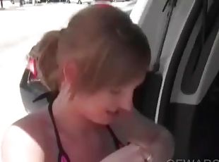 Beach teen girl rubs and blows horny shaft in the car