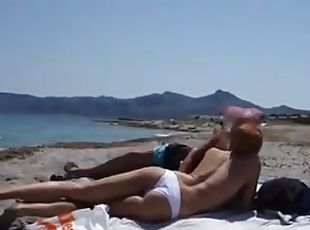 al-aire-libre, mamada, pareja, playa, corrida, bikini