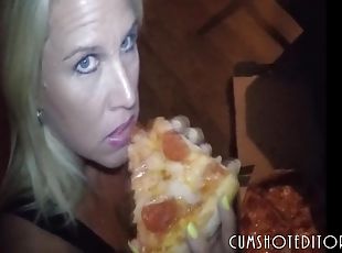 ejaculation-sur-le-corps, milf, hardcore, couple, hirondelle, ejaculation, pizza, cougar