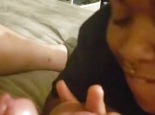 Ballbusting rimjob blowjob with cumshot on pierced black gir