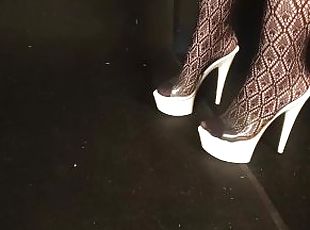 sexy white mule high heels and fishnet stockings