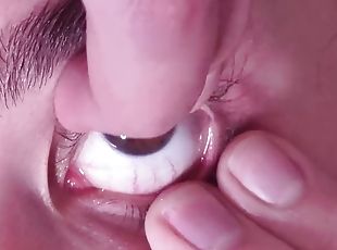 Cum container gets full cumshot in her open eye while talking