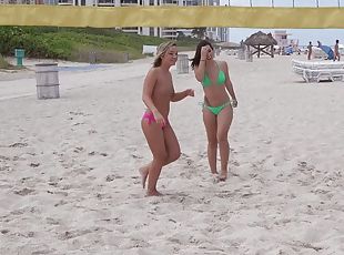 Sluts from the beach follow guys home for a foursome