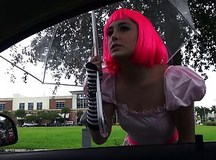 Cosplaying girl with pink hair gets fucked in a car