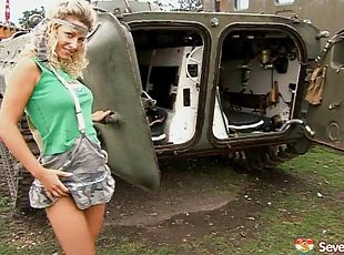 Very horny blonde masturbates erotically in a tank