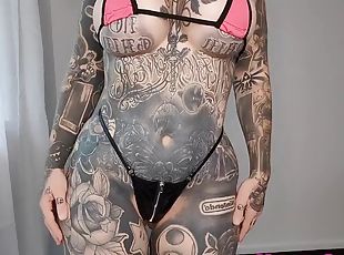 gros-nichons, maigre, femme, amateur, milf, lingerie, bout-a-bout, bikini, tatouage