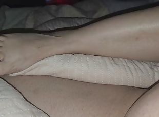 Step mom in bed with leg on step son handjob his dick