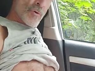 Daddy jerks off in the car and shoots a nice load of cum