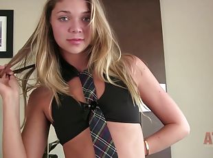 Petite blonde teen Jessie Andrews masturbating after finishing with homework