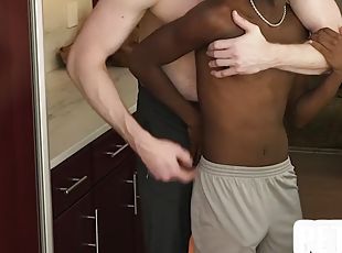 Petite Black twink barebacked on kitchen by white DILF