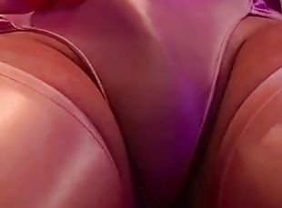 I rub my cock bulge in my pink silky shiny jumpsuit with my red satin gloves