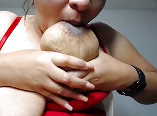 Nice set of lactating tits with dark areolas and nipples getting squeezed and sucked