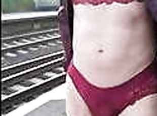 masturbation, en-plein-air, public, transsexuelle, amateur, bas, lingerie, solo