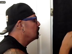 Real DILF fucker loves to give a long blowjob at the glory hole