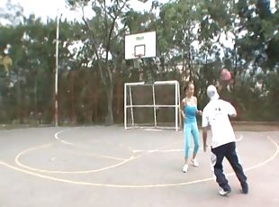 Bosomy cute petite 18yo plays on the court