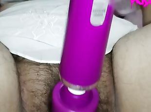 I have a long plug in my anus while I masturbate with my magic wand and I have a creampie for my hot hairy pussy