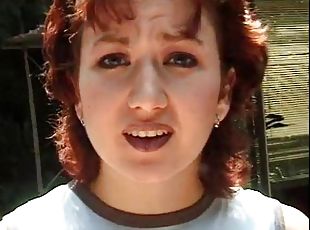 Redhead MILF with small tits rides a hard cock by the pool
