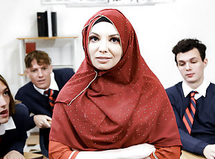 Slutty arab teacher Kiki Daire gets gangbanged in the classroom