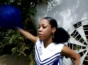 Ebony cheerleader's tits shake, when he fucks her outdoor