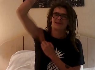 Nerdy emo twink stroking his dick wildly before cumming