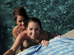 al-aire-libre, babes, lesbiana, piscina, húmedo, salvaje