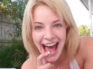 Outdoor hot tugjob in POV with cute teen blonde