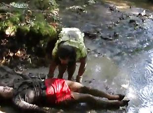 Lustful lesbian duo gets wet clothed in the river