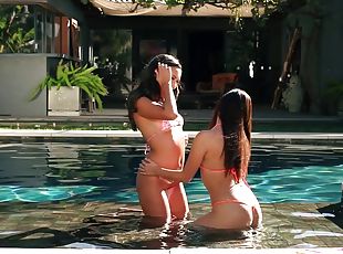 al-aire-libre, babes, lesbiana, piscina, bikini, experto