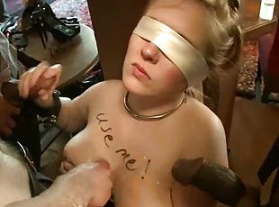 Blindfolded girl sucks big dicks and get fucked