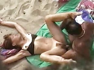 Mature slut gets her hairy pussy banged on a beach