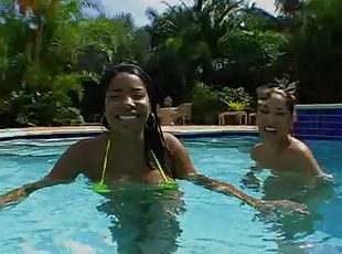 Outdoor Threesome By The Pool With Two Hot Latinas