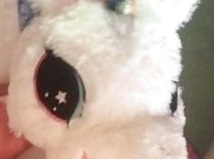 Cumming on my white plushie unicorn