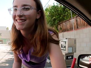 teen in glasses gets cum in her mouth after cute blowjob