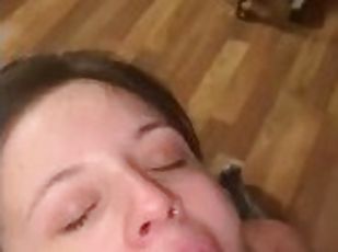 Daddy rewards submissive slut for deepthroat with huge facial cumshot.