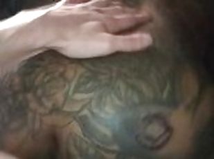 amateur, ejaculation-sur-le-corps, ébène, black, tatouage, bite