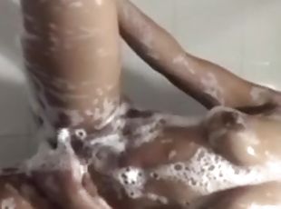 bañando, amateur, negra-ebony, ducha, a-solas, tatuaje