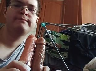 russo, chupanços, adolescente, brinquedo, gay, dildo, sozinho, amordaçando, chupando