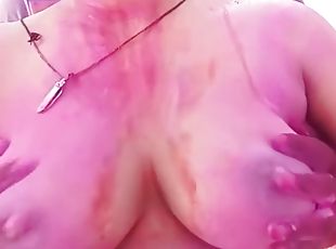 Husband Is Playing Big Boobs Of Pregnant Wife In Holi - Huge Boobs