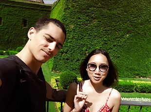 asiatique, lunettes, couple, petite-amie, chevauchement, gros-plan