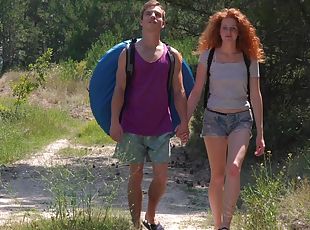 en-plein-air, ados, couple, rousse, forêt, sauvage