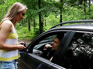 en-plein-air, ados, couple, voiture, blonde, pute, forêt