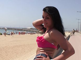 latiner, strand, i-ansigtet, brunette, bh