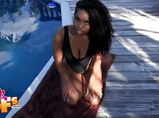 store-pupper, utendørs, ebony, milf, pov, cum, svømmebasseng, busty