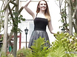 Pale redhead in stockings fucked outdoors