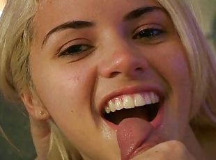 Seductive blonde Priscila Prado wears high heels while sucking dick