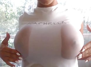 gros-nichons, amateur, webcam, seins, solo, rasé, humide